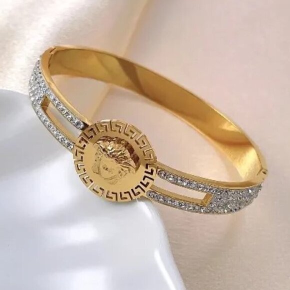 18k Gold Plated Stainless Steel Medusa Face Bangle with Zircon Stones - Picture 1 of 10